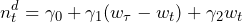 \begin{equation*} n^d_t = \gamma_0 + \gamma_1 (w_\tau - w_t) + \gamma_2 w_t \end{equation*}