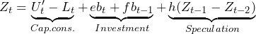 \begin{equation*} Z_t= \underbrace{U'_t-L_t}_{Cap. cons.} + \underbrace{e b_t + f b_{t-1}}_{Investment} + \underbrace{h(Z_{t-1}-Z_{t-2})}_{Speculation} \end{equation*}