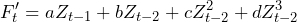 \begin{equation*} F'_t=aZ_{t-1}+bZ_{t-2}+cZ_{t-2}^2+dZ_{t-2}^3 \end{equation*}