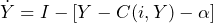 \begin{equation*} \dot Y = I - [Y - C(i,Y) - \alpha] \end{equation*}