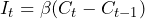 \begin{equation*} I_t = \beta (C_t - C_{t-1}) \end{equation*}