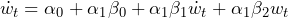 \begin{equation*} \dot w_t = \alpha_0 + \alpha_1 \beta_0 + \alpha_1 \beta_1 \dot w_t + \alpha_1 \beta_2 w_t \end{equation*}