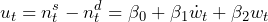 \begin{equation*} u_t = n_t^s - n_t^d = \beta_0 + \beta_1 \dot w_t + \beta_2 w_t \end{equation*}